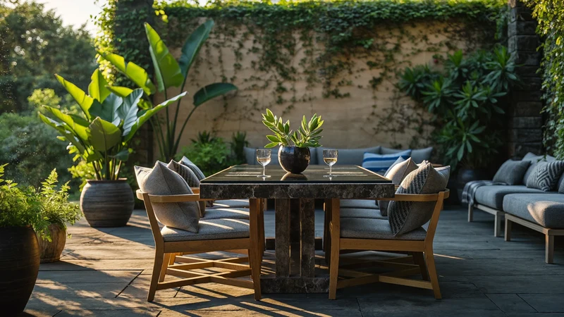 Sonnige Gartenterrasse am späten Nachmittag mit Essplatz, Loungeecke und Topfpflanzen