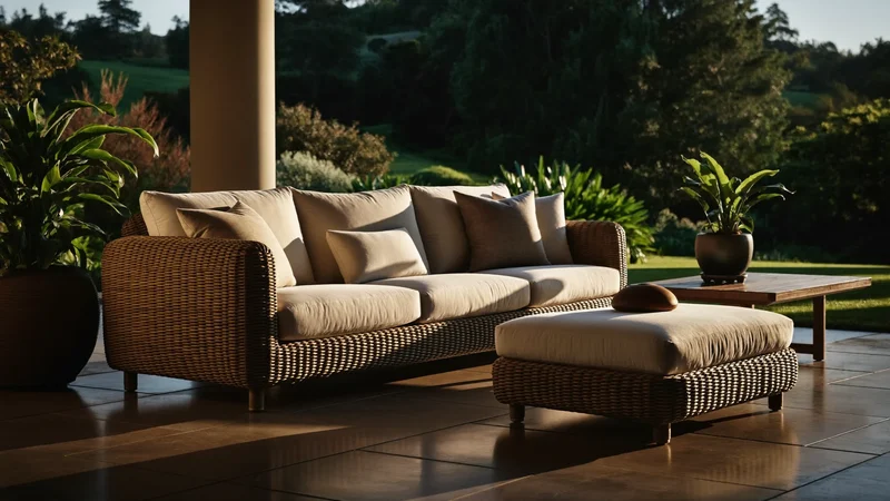 Geflochtene Rattan-Loungegruppe mit neutralen Kissen auf einer überdachten Terrasse
